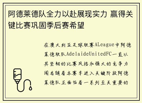 阿德莱德队全力以赴展现实力 赢得关键比赛巩固季后赛希望