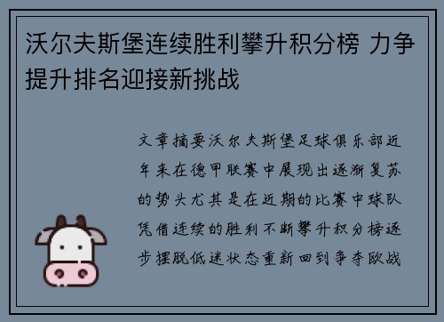 沃尔夫斯堡连续胜利攀升积分榜 力争提升排名迎接新挑战