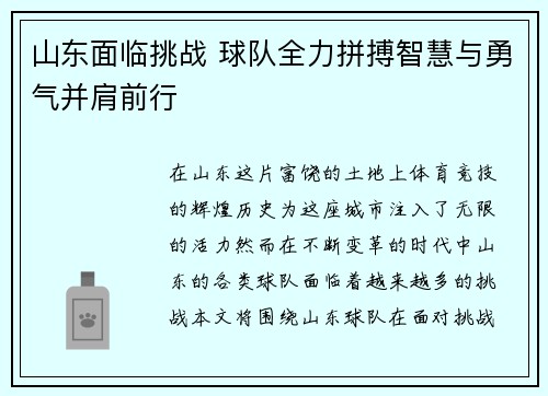 山东面临挑战 球队全力拼搏智慧与勇气并肩前行